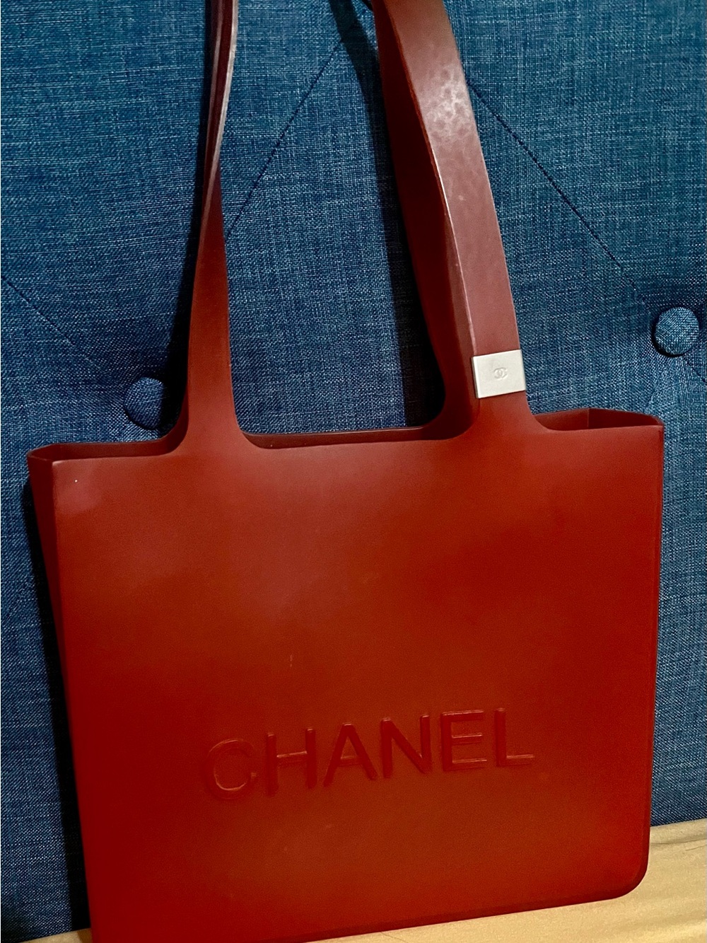 CHANEL Red Rubber Tote with Embossed Logo